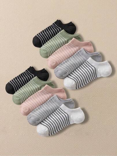 6/10 Đôi tất thuyền nữ, tất sọc nữ thường ngày, tất sọc thời trang đa năng cho mùa xuân/hè, tất nữ miệng nông không lộ cổ dành cho học sinh.