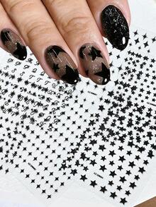 6pcs Black Star Nail Art Stickers Set - 3D Self-Adhesive Mixed Starburst, Alphabet & Star Nail Decals Gifts For Women Girls - 6sheets,Y2K Gothic Punk Style, Waterproof Nail Decoration For Acrylic Nails, DIY Manicure Accessories For Nail Salon & Home Use - Multicolor - View 2