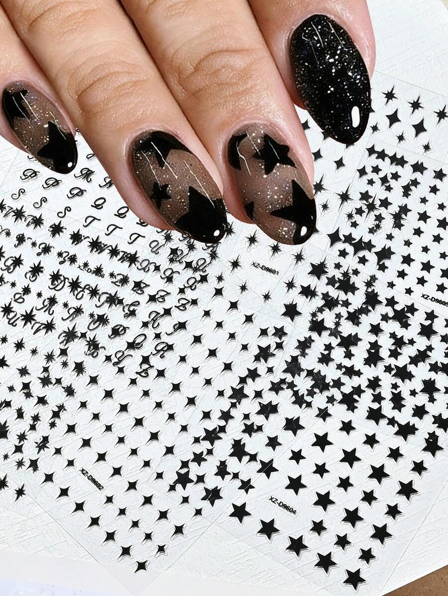 6pcs Black Star Nail Art Stickers Set - 3D Self-Adhesive Mixed Starburst, Alphabet & Star Nail Decals Gifts For Women Girls - 6sheets,Y2K Gothic Punk Style, Waterproof Nail Decoration For Acrylic Nails, DIY Manicure Accessories For Nail Salon & Home Use