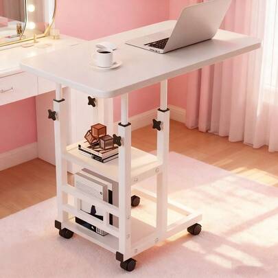 Height-Adjustable Folding Table With Wheels And Storage Shelf Standing Desk Crafting Workstation, Integrated Shelving Mobile Computer Desk With Universal Wheels, For Home Office, Sofa, Small Space