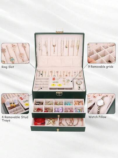 Hộp đựng trang sức cao cấp dung tích lớn, chất liệu PU cao cấp có khóa, kiểu dáng 3 tầng có ngăn kéo, hộp đựng mỹ phẩm, hộp đựng dây chuyền, nhẫn, bông tai, quà tặng ngày lễ, quà tặng cho nữ, quà tặng ngày Valentine.