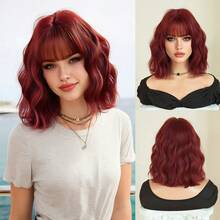 7JHH WIGS 女士短款波浪卷红色波波头假发，带刘海，12英寸短波浪卷发假发，自然合成发丝，耐热假发，适合日常角色扮演、音乐节派对等场合佩戴。假发配件 - 紅色 - 查看 12