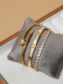 Bộ 3 vòng tay bằng thép không gỉ mạ vàng 18K đính đá Zirconia, bộ vòng tay thời trang dành cho nữ, thích hợp để đeo hàng ngày và làm quà tặng dịp lễ. - Vàng 2 - Xem 8