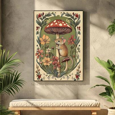 1 Piece Framed/Unframed Warm Pastoral Style Plant, Mushroom &Amp; Mouse Canvas Art Poster Print For Kids Room, Simple And Whimsical Folk Art Aesthetic Decor, Rural Painting, Suitable For Apartment, Living Room, Bedroom And Modern Home Decor