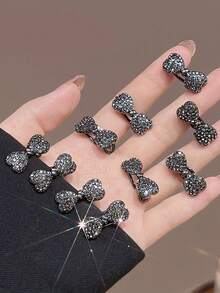 10个装女士时尚简约优雅水钻蝴蝶结发夹，适合日常佩戴 - 深灰色 - 查看 3