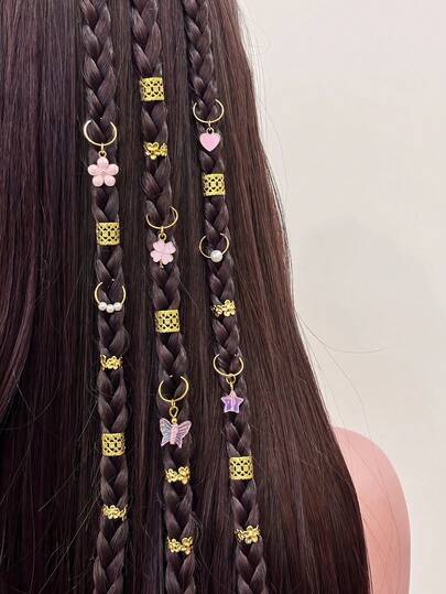 37件/套彩色金色发饰，适用于辫子，可爱蝴蝶星星珍珠发夹配饰，适合女孩和女士