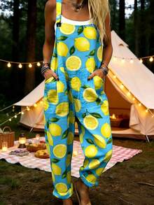 Lemon Slice All-Over Print Women's Adjustable Strap Jumpsuit, Polyester Fiber Fabric, Lightweight And Breathable, Women's Clothing, Standard Size Jumpsuit, Plus Size Women's Clothing, Plus Size Jumpsuit And Romper, Plus Size Jumpsuit - 彩色 - 查看 1