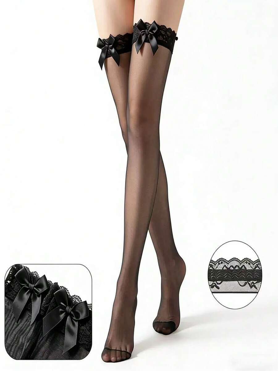 女士薄纱蕾丝大腿袜，夏季轻薄款，防勾丝，显瘦，紧身贴合 - 彩色 - 查看 1