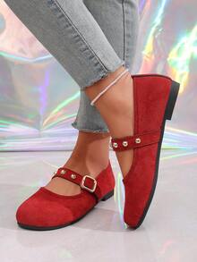 2026春季新款时尚女式麂皮玛丽珍鞋，金色铆钉方扣，软底圆头平底鞋，法式圆头浅口复古设计 - 紅色 - 查看 8