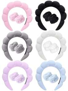 1 Set: 1pc Headband/2pcs Wristbands/3pcs Spa Headbands, Makeup Headbands, Facial Headbands, Skincare Headbands, Pink Velvet Fluffy Sponge Headbands, Bow, Pompom, Spa Headbands, Wristband Hair Accessories - Multicolor - View 12