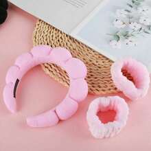 1 Set: 1pc Headband/2pcs Wristbands/3pcs Spa Headbands, Makeup Headbands, Facial Headbands, Skincare Headbands, Pink Velvet Fluffy Sponge Headbands, Bow, Pompom, Spa Headbands, Wristband Hair Accessories - Multicolor - View 8