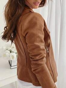 女式拉链纽扣装饰休闲修身短款立领拉链夹克，仿麂皮短外套 - 棕色 - 查看 2