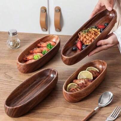 1pc Japanese Sushi Serving Tray, Wooden Boat-Shaped Salad/Dessert Bowl, Multipurpose Salad/Snack Tray, Vintage Design, Suitable For Family Gatherings, Sturdy Wooden Dessert Bowl, Tea Towel Rack, Fruit And Snack Plate