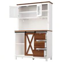 Modern Tall Cabinet With LED Lighting And App Control, Kitchen Or Dining Room Cabinet With Drawer, Sideboard With Sliding Door And Three Drawers, Black - White - View 10