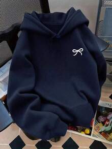 Women's Hooded Sweatshirt With Bow Print, Long Sleeve Pullover, Winter Sweatshirt, Flannel Sweatshirt, Casual Sweater - 水鴨藍 - 查看 1