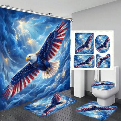 1pc/4pcs Bald Eagle Pattern Multifunctional Bathroom Decor Shower Curtain Set, Free 12 Hooks Included, Elegant Holiday Atmosphere, Bathroom Mat, U-Shaped Floor Mat And Round Toilet Mat, Suitable For All Scenarios Bathroom Set