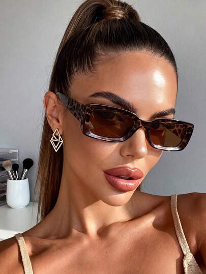 1 Pair Rectangular Leopard Print Classic Sunglasses, Suitable For Summer Beach Vacation, Outdoor Travel. Also Suitable For Vacation, Beach, Travel, Driving, And Casual Daily Use