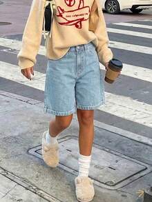 Quần short denim dáng rộng dài đến đầu gối, thích hợp cho kỳ nghỉ, bãi biển, lễ hội nhạc đồng quê. - Rửa nhẹ - Xem 3