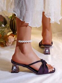 Women's Square Toe One-Strap Sparkling Crystal Heel Sandals, Fashionable Versatile Outdoor Non-Slip Thick Heel Slides, Purple Rhinestone Decor High Heels Suitable For Party, Wedding, Banquet In Spring, Summer, Autumn - Purple - View 7