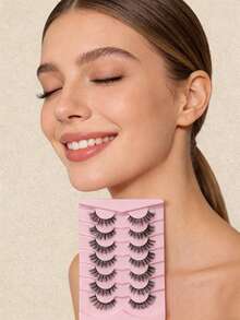 New 7 Pairs 6D Fluffy False Eyelashes, Soft Fluffy, Handmade, Reusable, Short Natural Style, 3D Stereoscopic Mink False Eyelashes, 3D Cilioss False Eyelashes, Strip False Eyelashes, Eyelashes, False Eyelashes - Black - View 4