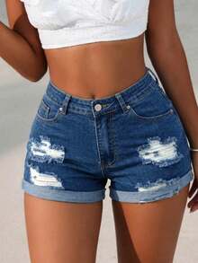 Shorts vaqueros de mujer ajustados y rectos con efecto desgastado y elástico, para el verano - Azul lavado oscuro - Ver 4