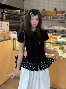 Black & Polka Dot Puff Collar Short Sleeve T-Shirt, Fitted Design, Versatile Summer Top For Women - Black - View 8