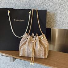 Woven Texture Fashion New One Shoulder Diagonal Handbag, Tote Bag For Work Commute, Drawstring Bucket Bag With Simple Stylish Metal Chain Shoulder Strap - Multicolor - View 12