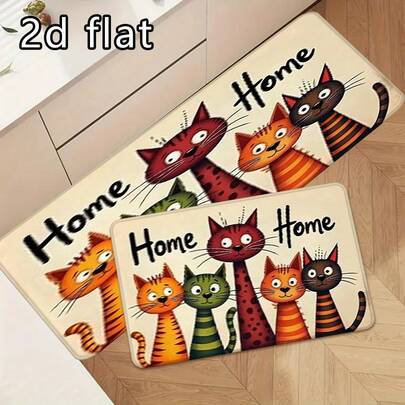 1 pieza/2 piezas/3 piezas Felpudo con diseño de gato "Hogar, dulce hogar" con respaldo antideslizante para interior/exterior, diseño de gato de dibujos animados y "HOGAR", cómodo felpudo decorativo para el hogar, felpudo de baño lavable a máquina