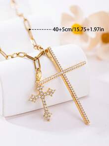 1件套奢华女士项链，配有大十字架吊坠和小十字架吊坠，不锈钢简约百搭信仰项链，是生日、周年纪念日和节日送给信徒、家人和朋友的理想礼物。 - 彩色 - 查看 4