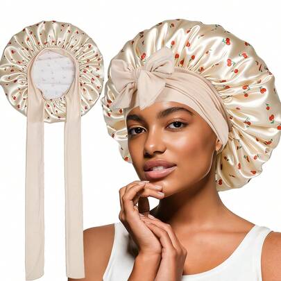 Awegeo 1pc Women's Tie-Up Beige Cherry Print Satin Bonnet, Casual & Comfortable For Home & Daily Wear, Hair Care Cap Sleep Bonnet