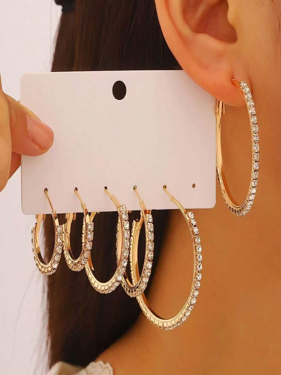 6 đôi bông tai đính đá hình chữ C phóng đại thời trang, trang sức dự tiệc sang trọng - Vàng - Xem 1