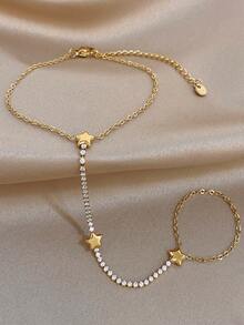 1pc Luxury Elegant Star-Shaped Zirconia Bead Finger Chain Bracelet, Women's Stainless Steel Gold-Plated Jewelry, Suitable For Daily Wear, Party, Valentine's Day Gift - Multicolor 3 - View 1