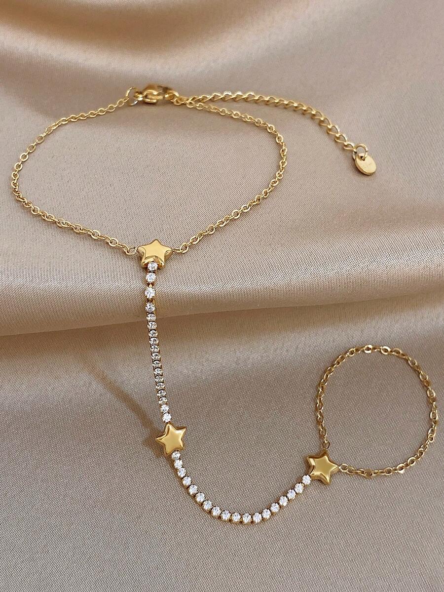 1pc Luxury Elegant Star-Shaped Zirconia Bead Finger Chain Bracelet, Women's Stainless Steel Gold-Plated Jewelry, Suitable For Daily Wear, Party, Valentine's Day Gift - Multicolor 3 - View 1