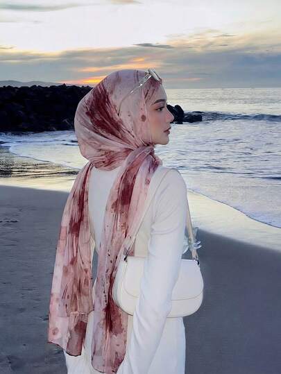 1pc Women's Watercolor Splash Print Hijab, Soft & Breathable Versatile Scarf, Floral Watercolor Painting Print, Suitable For Daily Wear In All Seasons