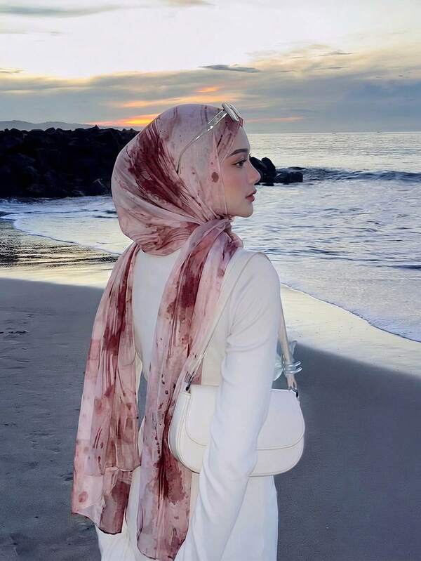 1pc Women's Watercolor Splash Print Hijab, Soft & Breathable Versatile Scarf, Floral Watercolor Painting Print, Suitable For Daily Wear In All Seasons