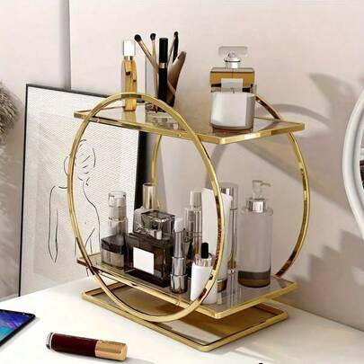 2-Tier Cosmetic Storage Rack - Multi-Functional Vanity Tray For Makeup, Perfume And Skincare | Bathroom Bedroom Countertop Organizer | Acrylic Jewelry Display Holder With Sturdy Metal Frame