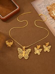 Juego de joyería de 3 piezas con estilo árabe saudí, chapado en oro, con mariposa hueca, 1 collar, 1 anillo, 1 par de aretes, regalo para familiares y amigos - Amarillo Oro - Ver 3