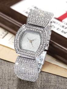 6件套奢华全镶钻首饰套装，包括手表、手链、项链、耳环和戒指，精致百搭，轻松提升气质与优雅。 - 銀色 - 查看 8