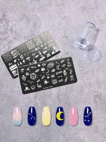 2片星空与海洋图案美甲印花板，1个带盖美甲印章，美甲印花工具套装（含刮刀） - 銀色 - 查看 1