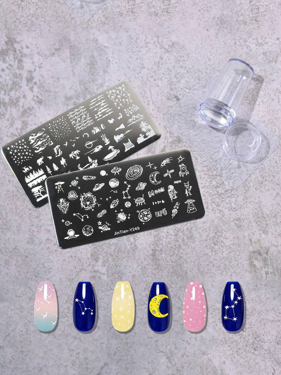 2片星空与海洋图案美甲印花板，1个带盖美甲印章，美甲印花工具套装（含刮刀） - 銀色 - 查看 1
