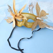 金色蝴蝶麦穗图案闪光化妆舞会面具，新娘派对半脸面具 - 金色 - 查看 2