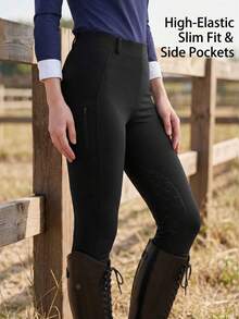 女士天蓝色马匹印花硅胶防滑骑行裤，中腰修身，侧边口袋，弹力面料，吸汗透气，柔软舒适，适合户外骑马运动，黑色春季款 - 黑色 - 查看 2