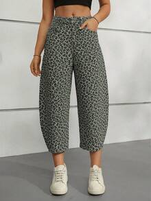 Jeans a palloncino con stampa leopardata curva, gamba ampia, 25 yard, stile Natale e Ognissanti - Jeans corti ampi - Verde Scuro - Visualizzare 5