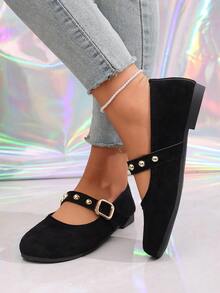 2026 Primavera Nueva Moda Zapatos de Mujer Estilo Mary Jane de Ante, Hebilla Cuadrada con Remaches Dorados, Suela Blanda Puntera Redonda, Diseño Retro de Puntera Redonda Francesa Poco Profunda - Negro - Ver 7
