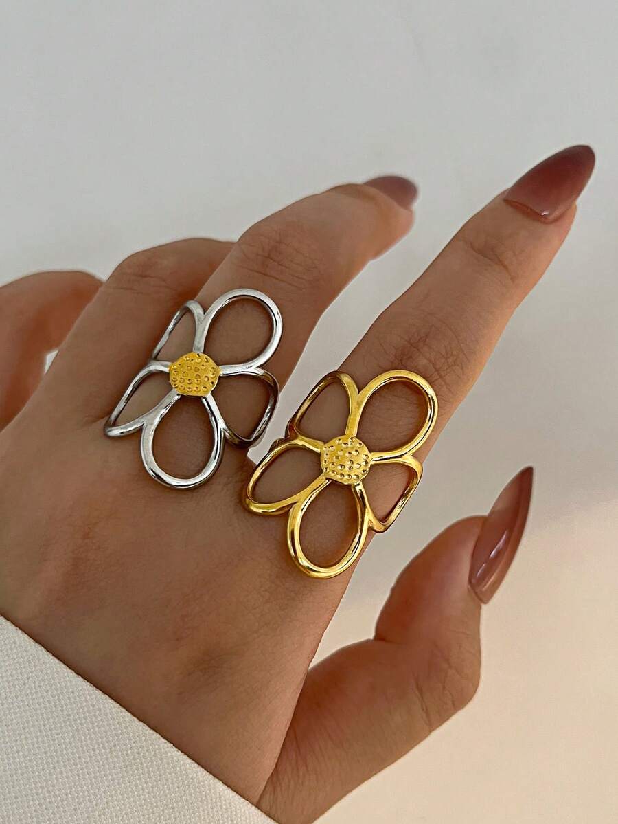 1 chiếc nhẫn hoa bằng thép không gỉ mạ vàng 18K, kiểu dáng thanh lịch Pháp pha chút hip-hop, thích hợp đeo hàng ngày cho nữ. - Nhiều màu - Xem 1