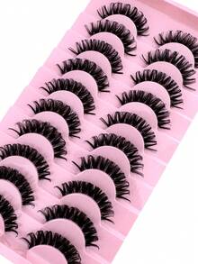10对卡通貂毛假睫毛，透明带俄罗斯条纹假睫毛，蓬松猫眼假睫毛，卷翘假睫毛，DD卷度浓密假睫毛，自然浓密睫毛嫁接，可重复使用，旅行必备美妆单品 - 黑色 - 查看 5
