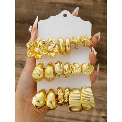 2/6/18 piezas Conjunto de pendientes de moda con baño de oro para mujeres, que incluye flor de magnolia, gran forma de C, estrella de mar, gota vertical a rayas, forma de neumático, concha marina, gota lisa, cuerda retorcida, gran C a rayas, adecuado para uso diario, viajes, vacaciones, playa, festival, fiesta, cita, regalo, atuendo, exquisito regalo para el Día de la Madre