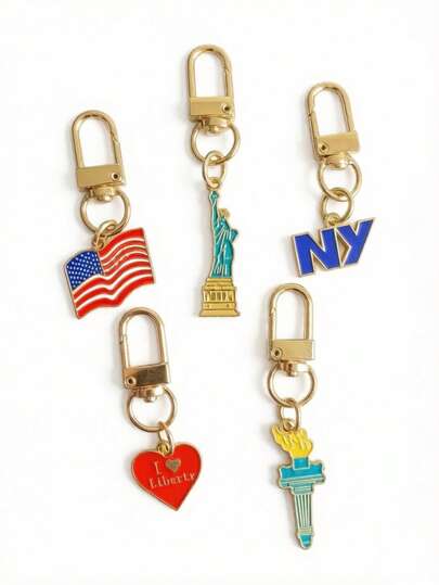 Bộ 5 móc khóa hình quốc kỳ với mặt dây chuyền tượng Nữ thần Tự do, dùng cho chìa khóa xe hơi và túi xách, thích hợp cho Ngày Độc lập, phụ kiện thời trang đường phố, trang trí Ngày Độc lập.