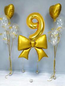 12pcs Birthday Decoration Set, Large Gold Bow Foil Balloons, 40-Inch Gold 0-9 Birthday Number Balloons, 18-Inch Gold Heart Balloons, Clear Latex Balloons (With Balloon Ribbons), Suitable For Birthday Party, Anniversary Decoration - Gold - View 9