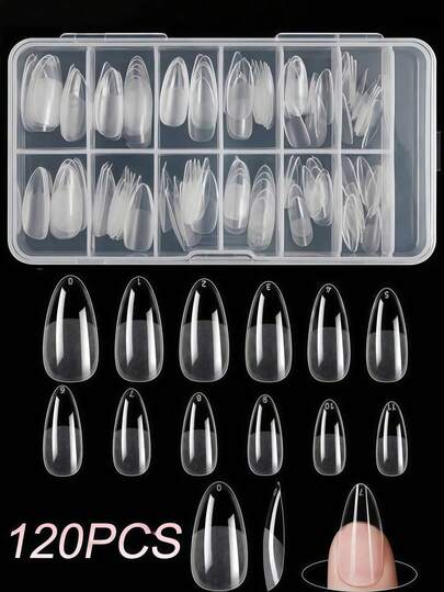 120 piezas/Caja, 12 Tamaños de Uñas Postizas con Forma de Almendra Semimate y Semitransparentes, Adecuadas para Diseños de Arte de Uñas DIY en Casa o Salón, Suministros Esenciales de Cuidado de Uñas para Damas